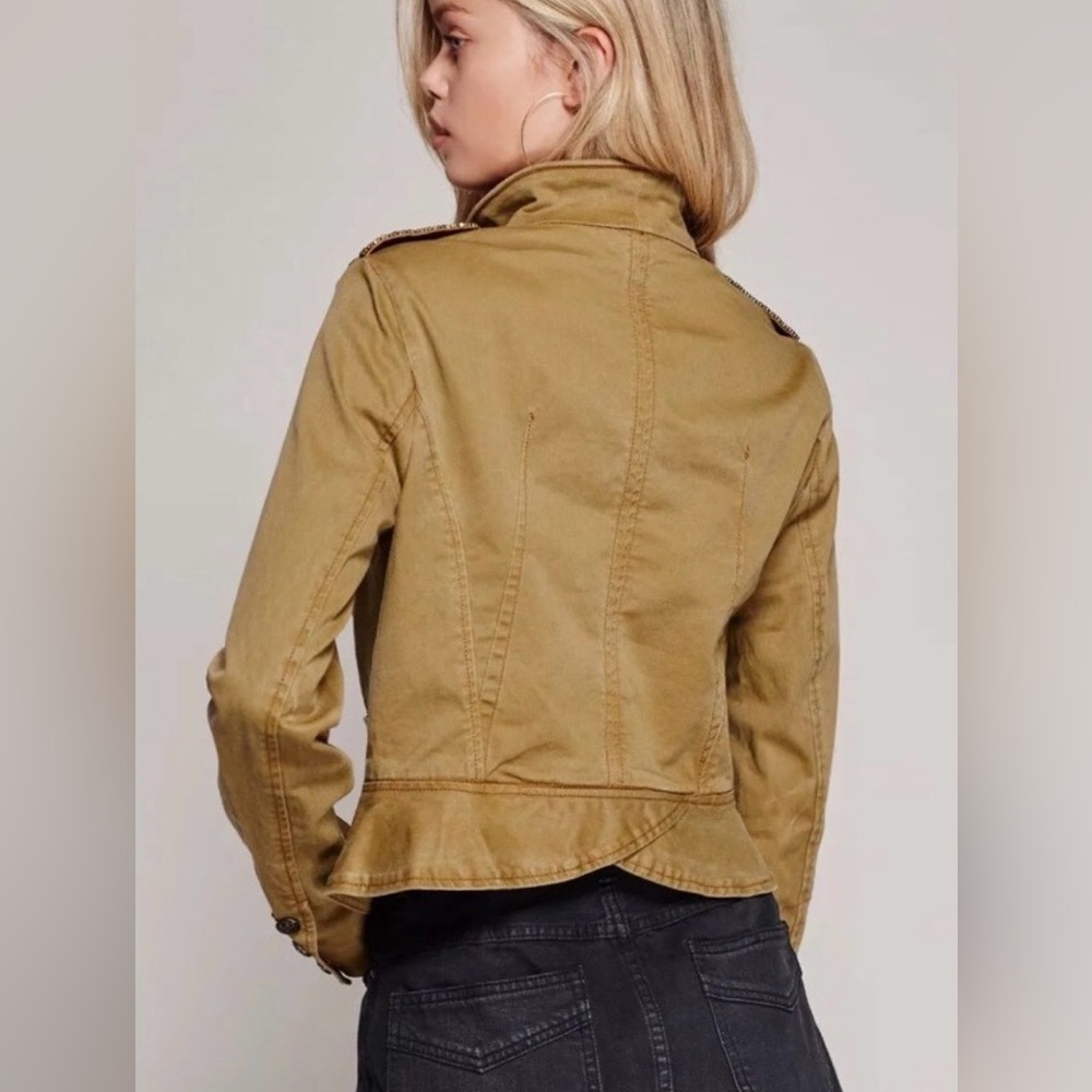 Free People Military-Style Khaki Jacket with Burgundy Trim - Picture 2 of 13